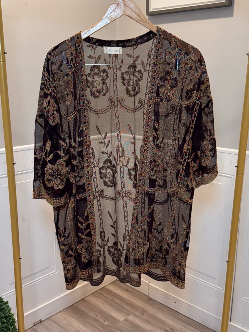 Altar’d State Sheer Boho Kimono Floral Embroidered Open Front Top Size Small